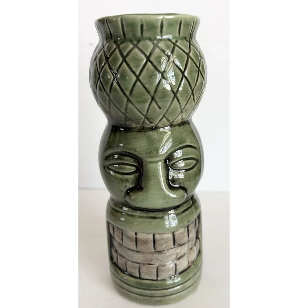 Tiki Lin Hawaiian Green Ugly Face Teeth Ceramic Cocktail Bar Vase Polynesian